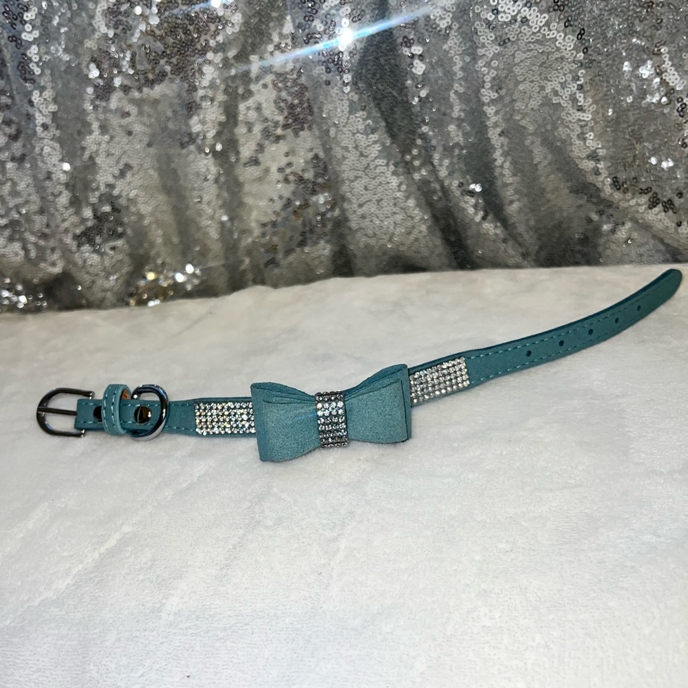 NEW XS Rhinestone Blue Aqua Green Pet Collar Dog or Cat with Bow